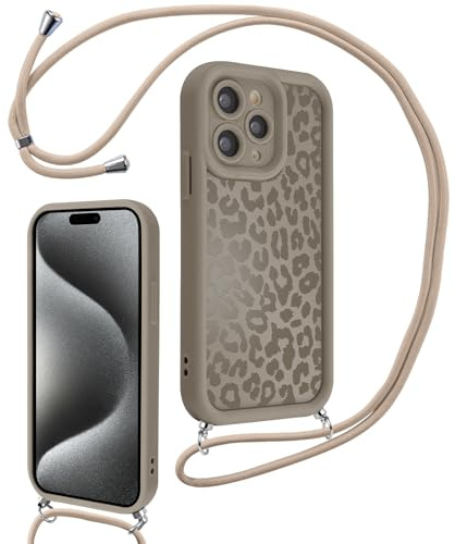 Xylota Handyband für iPhone 15 Pro Max Hülle mit Band, Silikon Aesthetic Leopard Muster Design Handyhülle mit Kette Kordel Schlüsselband, Schutzhülle für iPhone 15 Pro Max 6,7'' zum Umhängen, Braun