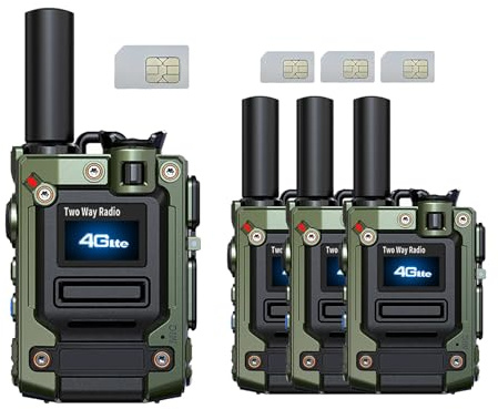 Pack de 4 Walkie Talkies PoC 4G LTE de Alcance Ilimitado – Radios Bidireccionales Celulares con SIM Lista para Usar, Función Push-to-Talk y Batería Recargable (M08 Green)