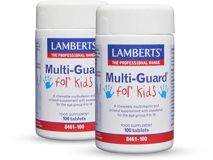 Pack x2 | Lamberts Multi-Guard for Kids, Multivitamínico y Mineral con Vitaminas A, B, C, D, E, Calcio, Magnesio, Zinc, Sabor Grosella Negra y Frambuesa | 100 Tabletas Masticables | LAMBERTS