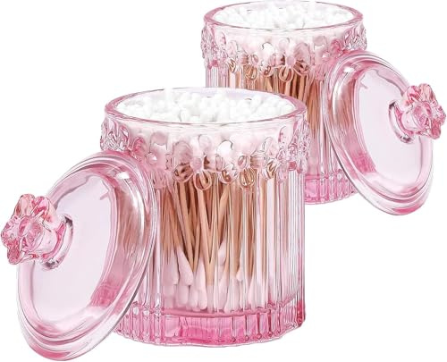 MC MEICHUANG 2 PCS Glass Sweet Jars for Candy Buffet with Lids, Apothecary Jar & Qtip Holder, Bathroom Storage Organizer for Cotton Swabs, Pads, Jewelry, Sweets, Wedding(Pink)