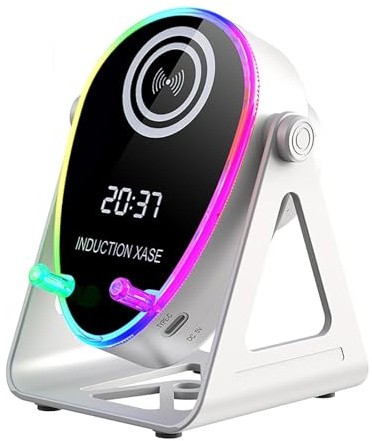 5-in-1 Wireless Induction Bluetooth Speaker, Adjustable Phone Stand for iPhone Android, Rechargeable Stereo Speaker with Auto Play & RGB Ambient Lights, Cool Gadget Gifts for Men Teens (White)