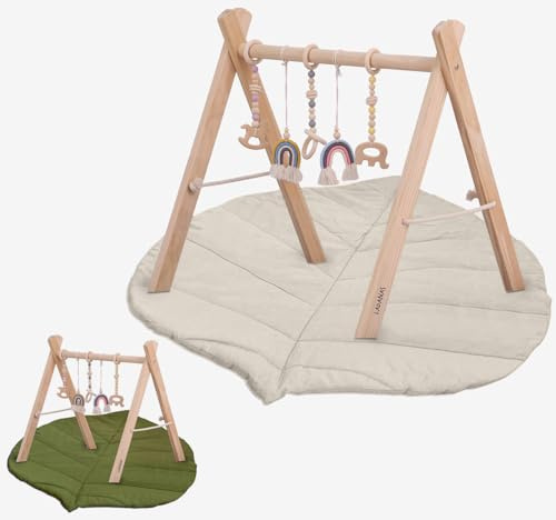 Ladanas Spielbogen Baby aus Holz inkl. 5 Spielzeugen & doppelseitiger Spielmatte – Stabiler & Klappbares Spieltrapez