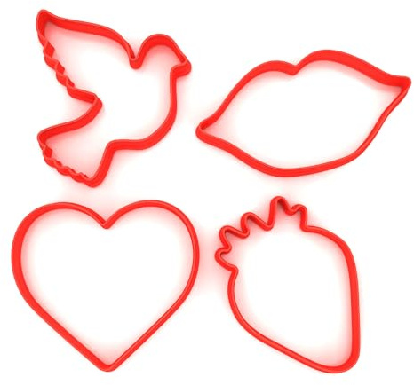 Formine per biscotti a forma di cuore, labbra, colomba, fragola, set di 4 formine in plastica per cottura, fondente, argilla, pasticceria, glassa, gioielli (8 cm)