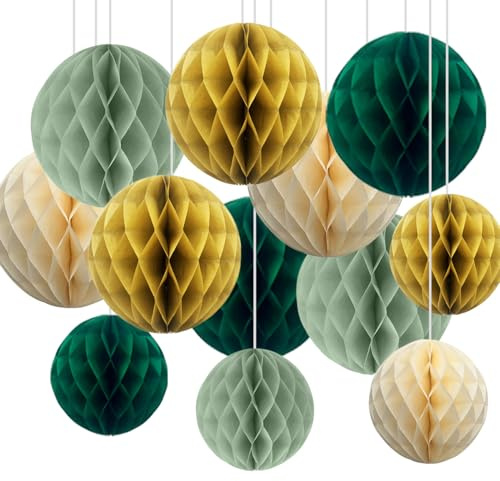 12er Salbei Grün und Gold Papier Wabenbälle,Hängende Seidenpapier Honeycomb Balls Sagegrün for Party Dekoration