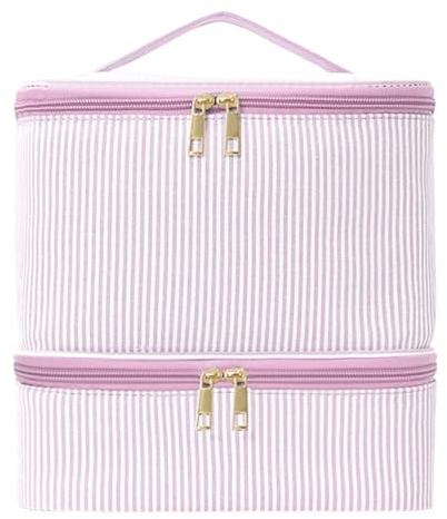 Nail Polish Organizer, Preppy Nail Organizers and Storage Holds 30 Bottles Nail Polish & Nail Lamp, 2 Layers Stripe Nail Supplies Kit Organizer, Nail Kit Bag for Nail Stuff & Manicure Tools (Style-F)