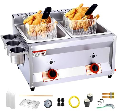 Friteuse à gaz GPL avec deux réservoirs et paniers de 10 L – Friteuse au propane de grande capacité en acier inoxydable pour frites, cuisine domestique et restaurant
