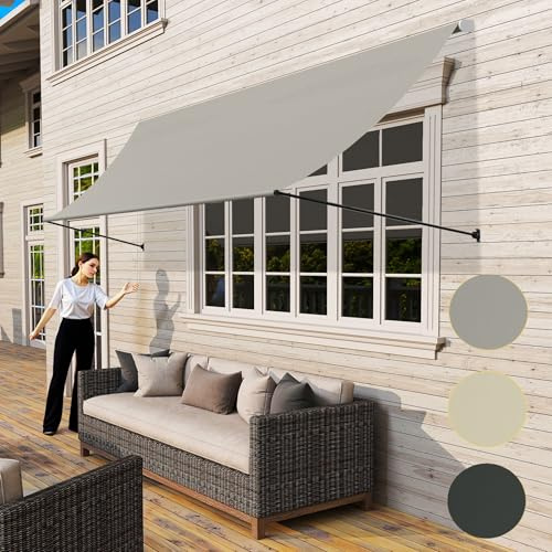 UISEBRT Fallarmmarkise Fenstermarkise einziehbar 400x145 cm, Balkonmarkise mit Kordel und Aluminium Stützstange,Sonnenmarkise UV-Schutz Wetterfest für Fenster Terrasse Balkon, Grau