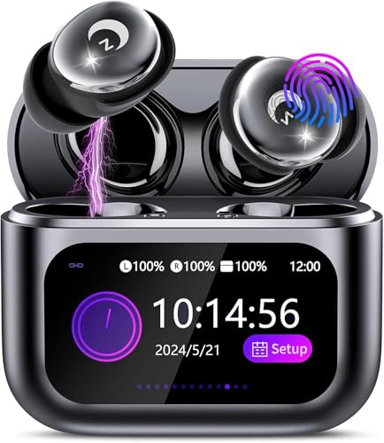 Wireless Earbuds with Smart Touch Screen, Mini Sleep Earbuds Bluetooth 5.4 Headphone In Ear with Noise Cancelling Mic, 48Hrs Playtime Hi-Fi Stereo Sound, 5 EQ Modes/IP7 Waterproof Ear Buds Deep Black