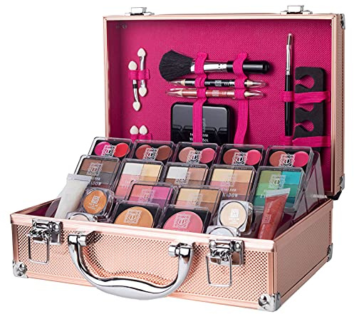 Dawn Till Dusk 80 Pieces Makeup Set with Travel Vanity Box by Envie, Includes Eyeshadow Palette, Lip Gloss, Lipsticks, Manicure Set, Makeup Brushes, Compact Mirror and Much More - (Rose Gold)