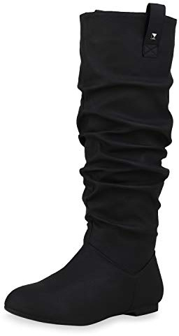 SCARPE VITA Damen Schlupfstiefel Warm Gefütterte Stiefel Nieten Wildleder-Optik Schuhe Flache Slouch Boots 152410 Schwarz 40