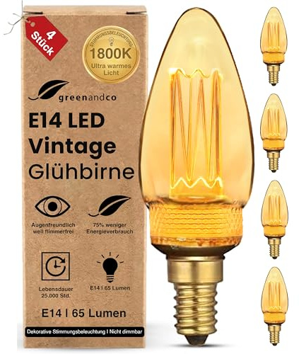 greenandco 4x Bombilla LED Decorativa Edison Estilo Vintage | E14 C35 | Dorado | 2W 65lm | 1800K Blanco Extra Cálido | 320° | 230V | Sin Parpadeos | No Regulable