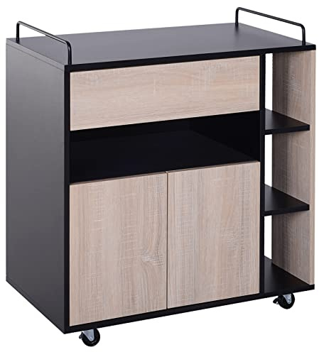 HOMCOM Chariot de Service desserte de Cuisine à roulettes Multi-rangements Placard Double Portes + 3 étagères + Niche + tiroir Panneaux Particules Noir chêne