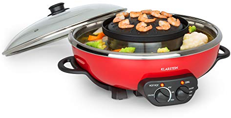 KLARSTEIN Szechuan - Hot Pot e Piastra, Grill Elettrico senza Fumo, Pentola Elettrica Multifunzione, 5 L, Hot Pot: 1350 Watt/38 cm Ø, Piastra: 600 W/22 cm Ø, Elemento Riscaldante in Alluminio, Rosso