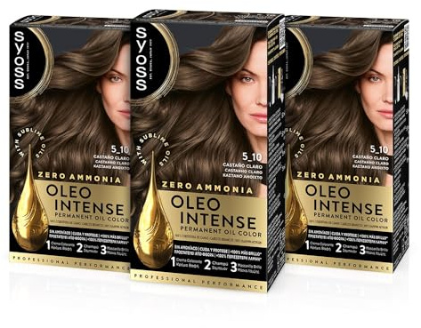 Syoss Oleo Intense - Tinte 5-10 Castaño Claro – Coloración permanente Sin Amoníaco – Cobertura profesional de canas – Resultados de peluquería (Pack De 3)