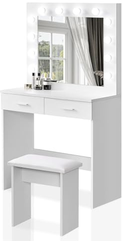 TUKAILAi White Dressing Table with LED Mirror and Stool, Adjustable Brightness, Compact Small Vanity Desk With 2 Drawers, Space Saving Makeup Desk For Bedroom Girls Women