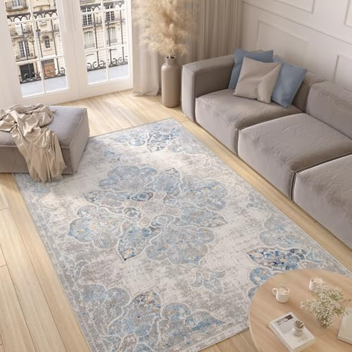 TAPISO Valley Teppich Kurzflor Weiß Blau Vintage Blumen 160 x 220 cm | Used Effekt Meliert Verwischt Wohnzimmer Schlafzimmer OEKO-TEX