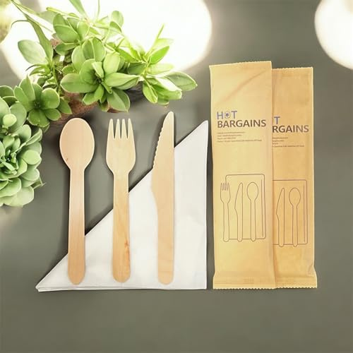 HOT BARGANS 500 X Wooden Cutlery Sets Mixed Individually Wrapped Each Set Contains 4pcs Wooden Fork, Spoon, Knife and 2-Ply Napkin