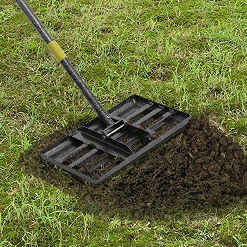 Rastrello livellatore per prato, rastrello regolabile con manico lungo da 1,8 m, nero, resistente, manico in acciaio inox da 2,5 cm di diametro, strumento livellatore per prato, terreno, erba, campo