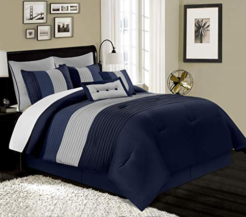 Chezmoi Collection Loft 8-Piece Luxury Striped Comforter Set (King, Navy/Gray/Blue)
