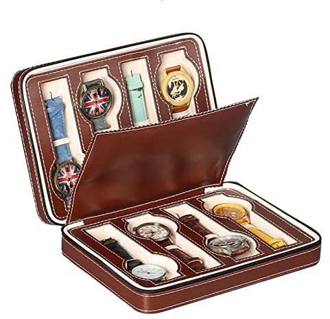 Guolich Caja de Almacenamiento de Reloj 8 Ranuras Caja de Soporte de Exhibición de Reloj Cuero de PU Fibra de Carbono Joyería Pulsera Colección Organizador con Cremallera (Marrón 8 Ranuras)