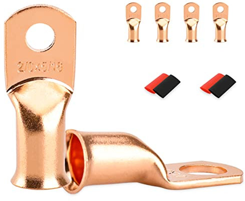 4 PCS Battery Terminal Connectors, Battery Cable Ends Lugs, 2/0 Gauge Wire Connectors, 2/0 AWG 5/16 Stud Ring Terminals, Copper Wire Lugs with Heat Shrink Tubing.