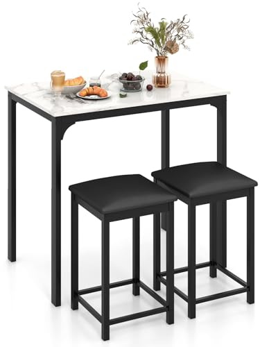 GiantexUK 3 Pieces Dining Table Set, Metal Frame Kitchen Bar Table Set with PU Leather Padded Stools, Breakfast Counter Height Pub Table and Chairs for Dining Living Room（White）
