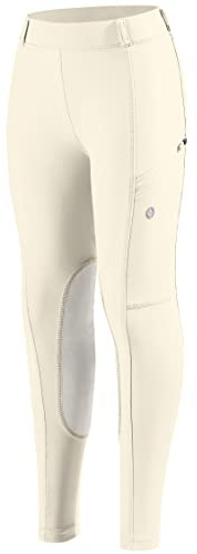 SANTINY Girls Horse Riding Pants with Zipper Pockets Kids Stretchy Equestrian Breeches Knee-Patch Youth Schooling Tights (Beige_L)