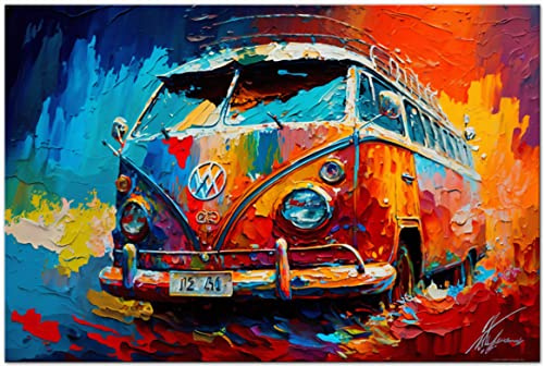 Printonia Leinwandbild 120x80cm Volkswagen VW-Bus Bulli T1 Transporter Buli Oldtimer Abstrakt Grafik Art Automobil Bilder Deko Dekoration Wandbild Kunstdruck