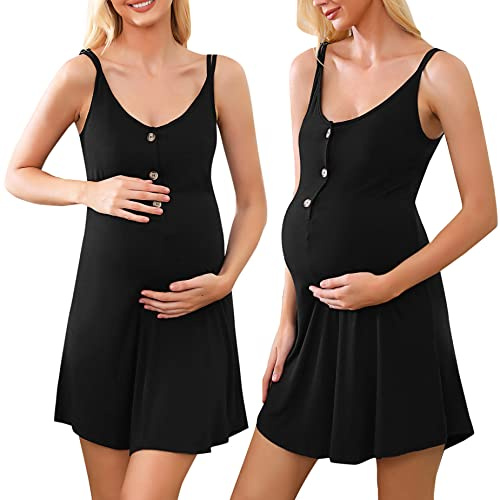 Aseniza Camicia da Notte Premaman Cotone, Pigiama maternità con Funzione Allattamento Camicie da Notte Parto Ospedale con Scollo A V,Nero,XL