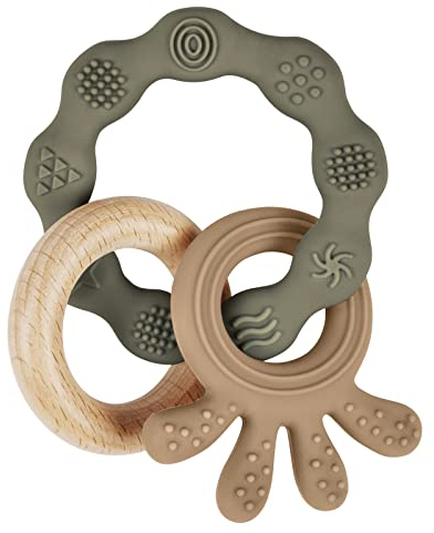 Vicloon Beißring für Babys, Beißring Spielzeug aus Silikon und Holzringe, Baby Zahnungshilfe BPA-frei, Schmerzlindernde Zahnen Nursing Zubehör für ab 3 Monaten Babys(Krake Braun)