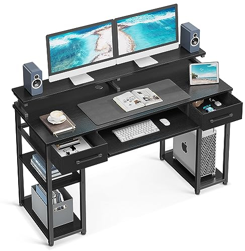 ODK Schreibtisch mit Schubladen, 120x48cm Computertisch mit Regal, PC Tisch mit Tastaturablage, Bürotisch mit Stauraum für Homeoffice, Schwarz