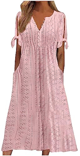 AMhomely Boho Dresses for Women UK Vintage Summer Loose Short Sleeve Beach Swing Dress Ladies Bohemian Floral Print Tunic Dress A Line Daily Dress Bridesmaid Dresses with Pockets Soft Pink