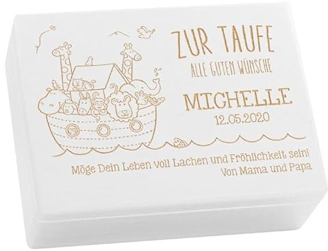 LAUBLUST Holzkiste mit Gravur - Personalisiert mit Name | Datum | WIDMUNG - Weiß Größe L - Arche Noah Motiv - Geschenkkiste zur Taufe, FSC®