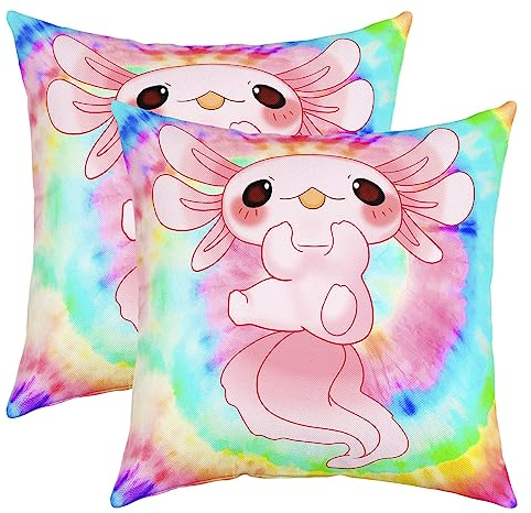 Simpatiche federe decorative Axolotl, 55 x 55 cm, set di 2 federe per cuscini in stile kawaii, motivo salamandra, motivo carino, motivo salamandra, per rettili e animali