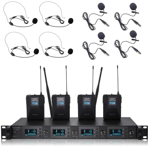 Sistema di microfoni wireless da bavero 4 microfoni lavalier con UHF 4 canali 4 Bodypack 4 microfoni per cuffie per karaoke chiesa conversazione conferenze riunioni feste