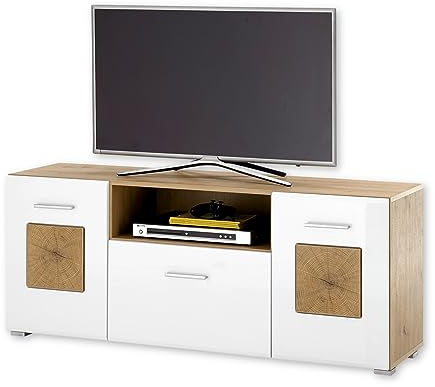 Stella Trading TV-Lowboard in Weiß, Artisan Eiche Optik mit Hirnholz-Applikationen - Moderner TV Schrank mit viel Stauraum für Ihr Wohnzimmer - 140 x 58 x 38 cm (B/H/T)