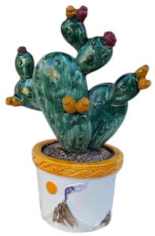 Generico Pianta Piantina Decorativa Fichi d'India Gialli e Rossi, Vaso Bianco e Giallo Con Il Vulcano Dell' Etna, in Ceramica, 13 x 8 cm, Per la Casa Soprammobile Vintage Tradizione Siciliana Sicilia