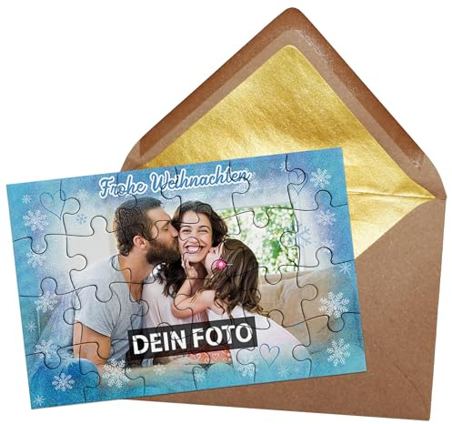 PR Print Royal Fotopuzzle Frohe Weihnachten - Puzzle mit Foto Personalisieren - Geschenk für Familie und Freunde zu Weihnachten | 24 Teile inkl. Briefumschlag mit Gold-Inlay
