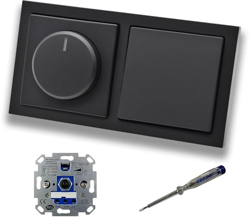 REV Ritter LED Drehdimmer Dimmer + Busch Jäger Dimmerscheibe 6540-885-102 + Lichtschalter 2000/6 US in Future Linear schwarz matt inklusive EBROM Phasenprüfer zur Montage der Geräte ET1 66012B
