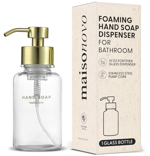 MaisoNovo Glass Foaming Hand Soap Dispenser 14 Oz | Gold Foaming Soap Dispenser Clear Bottle Gold Pump x 1 w/Labels
