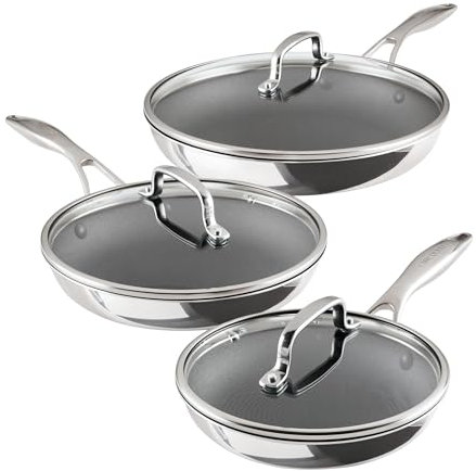 Circulon C1 Series Clad Stainless Steel with ScratchDefense Technology Cookware Nonstick Induction Frying Pans/Skillets with Lids, Metal Utensil Safe, 6 Piece Set - Polished Stainless Steel