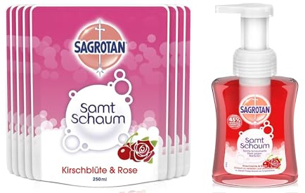 Sagrotan Samt-Schaum Nachfüller Kirschblüte & Rose – 9 x 250 ml Schaumseife im praktischen Vorteilspack mit 1 x Gerät inkl.