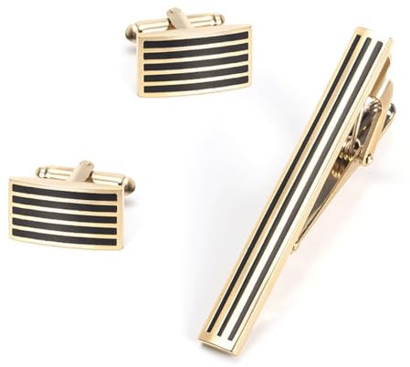 Manschettenknöpfe Krawattennadel Set, Krawattennadel Rechteckstreifen Gold Schwarz Manchettenknoepfe Set