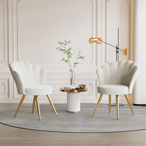 Aivermeil Esszimmerstühle 2er Set Samt Polsterstühle Weiß | Muschelsessel mit Armlehnen,Schminktisch Stuhl,Polstersessel Elegant,kzentstuhl mit Gold Metallbeinen Accent Chair