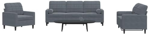 Brokky 3-TLG. Sofagarnitur mit Kissen Sofa Wohnzimmer Sitzgruppe Wohnzimmer Sofa Set Sofas FüR Wohnzimmer und Nackenrollen Dunkelgrau Samt - 3278372