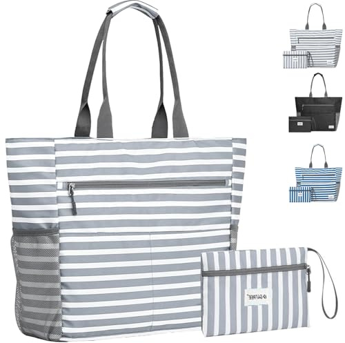 LUKIUP strandväska familj, XL badväska med mini badväska, strandväska, shoppingväskor för resor, shopping och vardag (svart), GRÅ