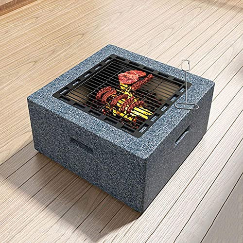 Brasero carré 3 en 1 avec étagère de 60 cm, bord en pierre artificielle – Ensemble de barbecue parfait pour les amateurs de jardin et de terrasse