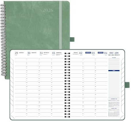 POPRUN Terminplaner 2026 A5+ Ringbuch auf Deutsch - Wochenplaner mit 30-Minuten-Taktung & Monatsregister. Kalender 2026 Buchkalender mit PU-Leder Softcover - Mitternachtsgrün