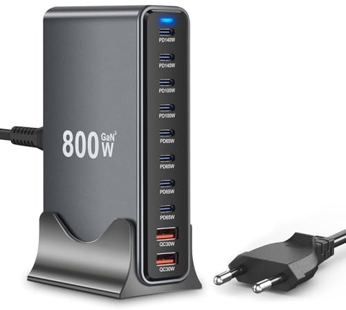 800W USB C Ladegerät Mehrfachusb, PD 140w, 100w, 65w 10 Ports schnellladegerät, Gan 3 Power Ladestation mit 8 USB C + 2 USB A Ports für MacBook Air, iPad, iPhone 17 16Pro, Galaxy S25