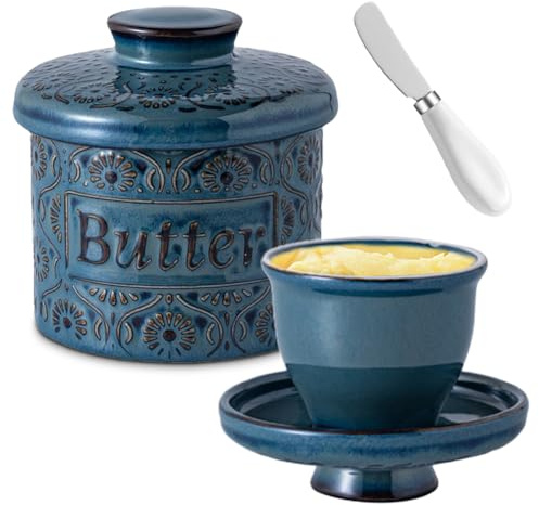 Mantequera francesa con línea de flotación, campana de cerámica refrigerada por agua, mantequera de porcelana con tapa, olla para mantequilla para frescura y capacidad de untar, recipiente para